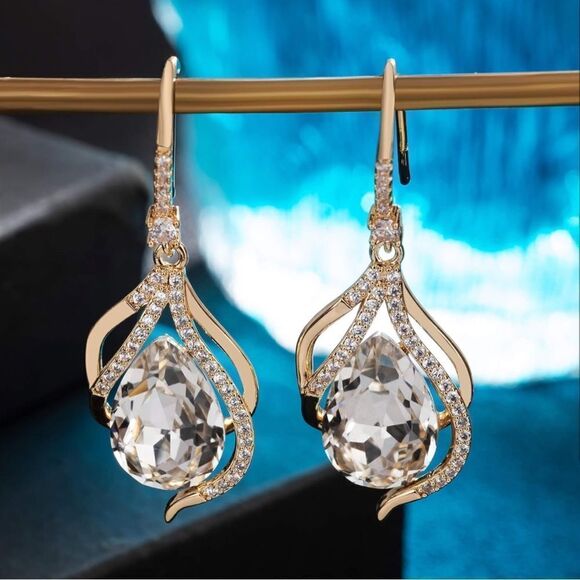 14K Yellow Gold with White Diamond Austrian Crystal Twisted Teardrop Earrings - Picture 4 of 6